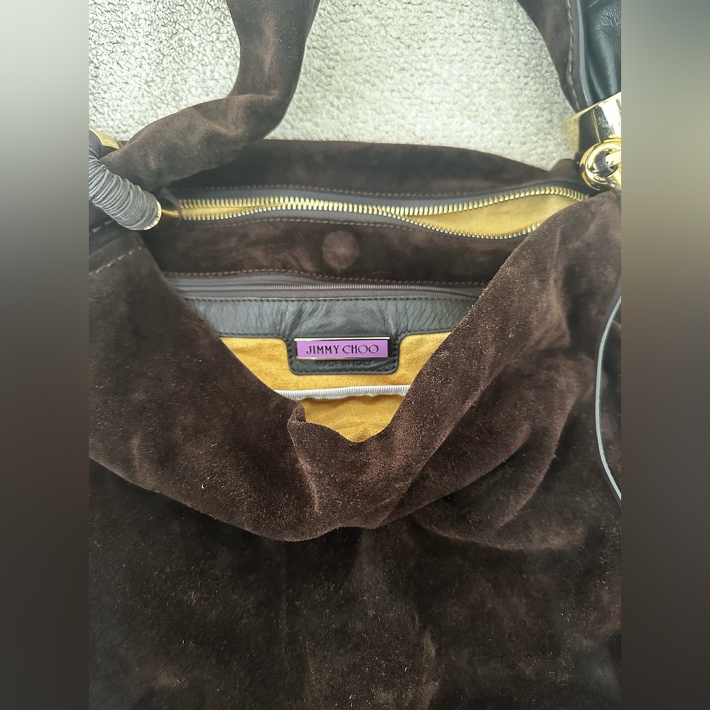 Jimmy Choo Dark Brown Suede Hobo with Gold Hardware